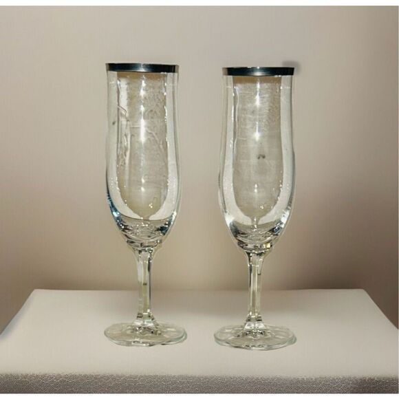 Silver Rimmed Crystal Champagne Flutes Set Of 2 - Picture 1 of 5